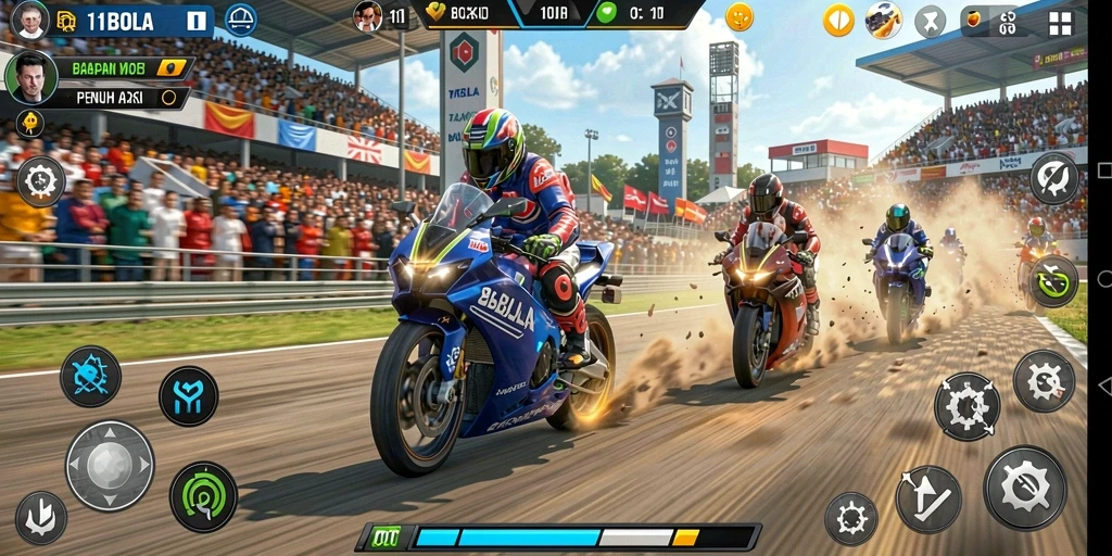Screenshot utama 11BOLA menampilkan aksi balapan motor yang mendebarkan.