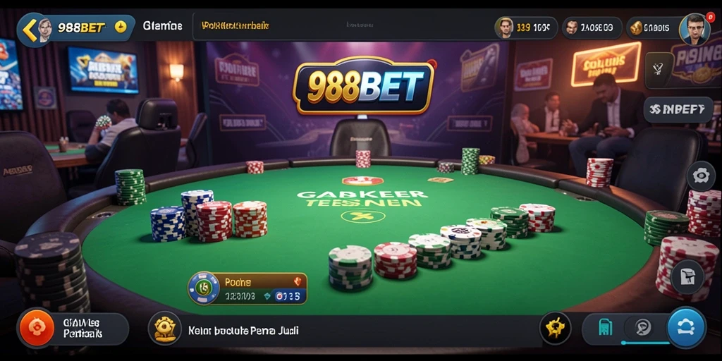 Screenshot permainan Poker 988BET menunjukkan antarmuka yang menarik dan permainan yang mendebarkan.