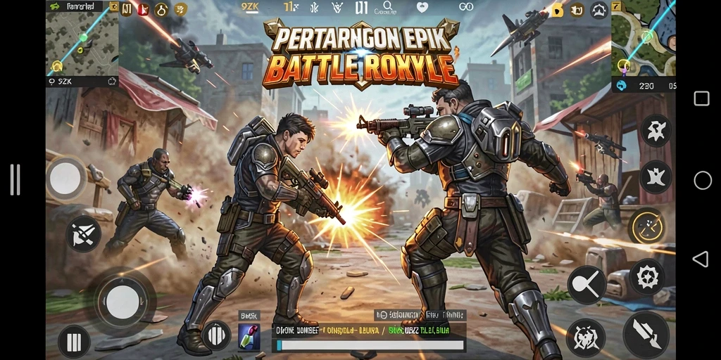 Tangkapan layar menunjukkan aksi menegangkan di dalam permainan Battle Royale 9ZK.