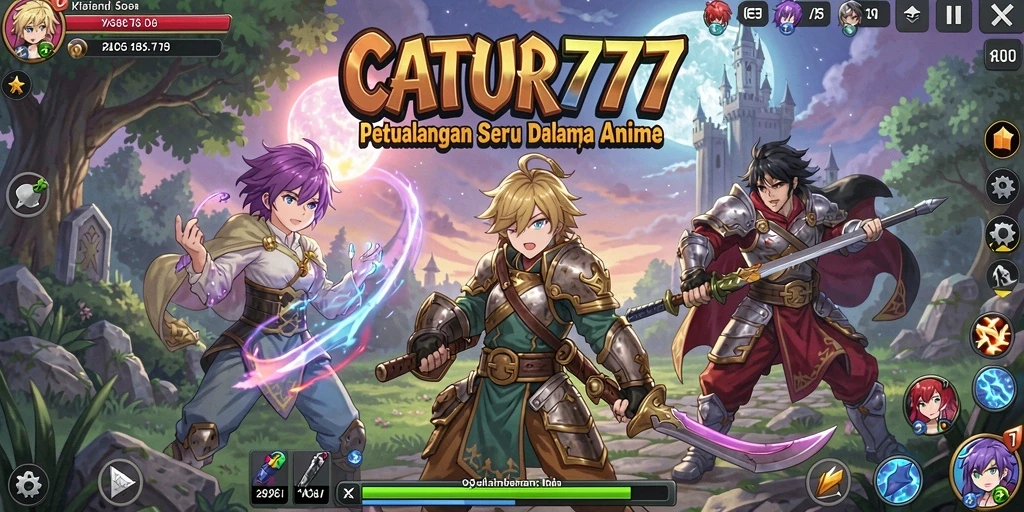 Screenshot utama CATUR777 menampilkan karakter anime dalam pertempuran strategis.