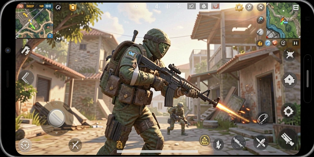 Screenshot dari gameplay GAMERP menunjukkan aksi tembak-menembak yang intens.