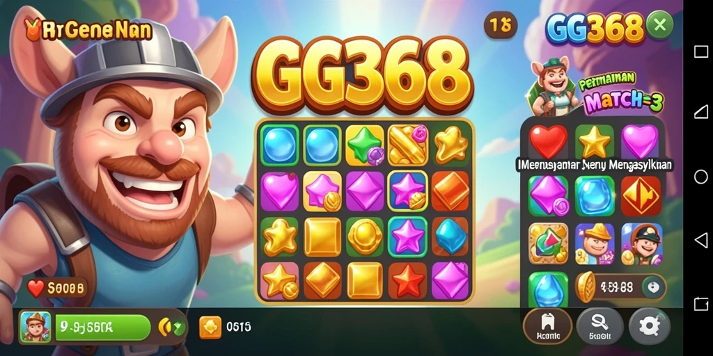Tampilan gameplay seru GG368 dengan elemen Match-3 yang berwarna-warni.