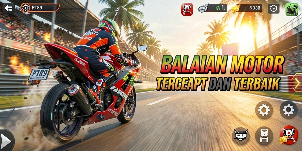Screenshot gameplay PT89 menampilkan balap motor yang seru dan adrenalin tinggi.