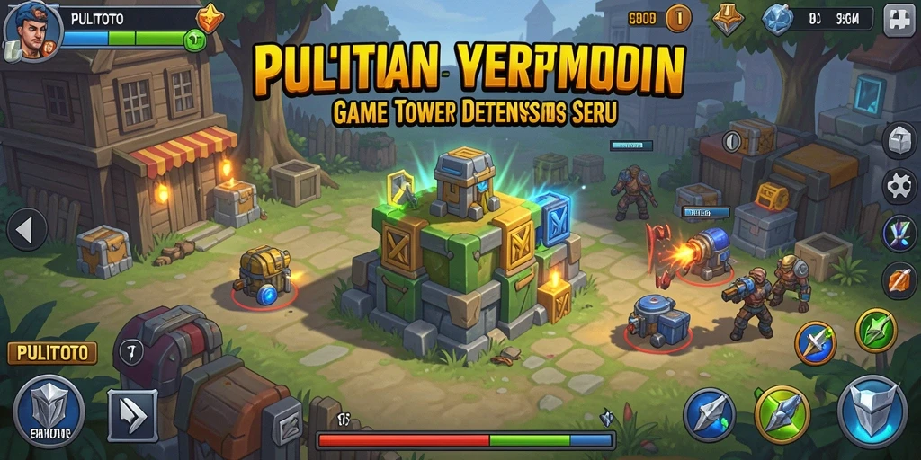 Screenshot gameplay PULITOTO menunjukkan menara yang sedang beraksi melawan gelombang musuh.