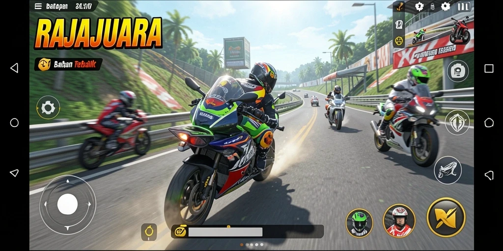 Tampilan gameplay RAJAJUARA yang menegangkan dan penuh aksi balapan motor.