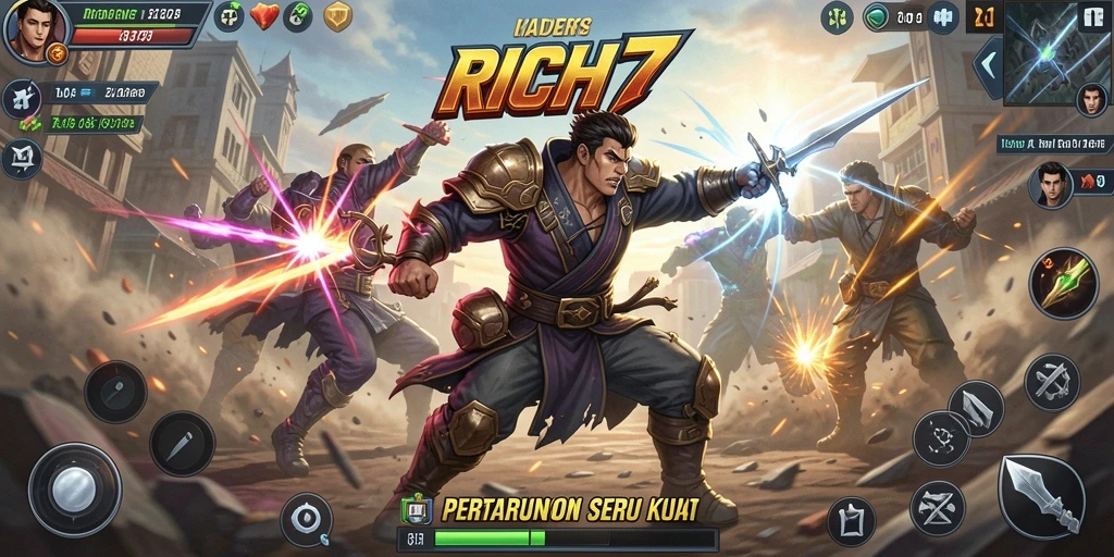 Gameplay RICH7 yang seru dengan pertarungan karakter unik.