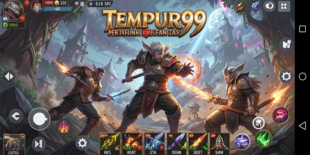 Gameplay TEMPUR99 menampilkan pertarungan seru dalam dunia fantasi.